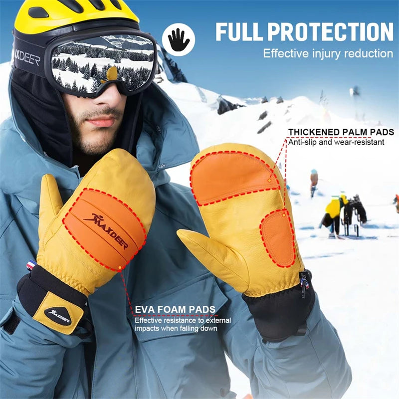 Ski Gloves Waterproof Snowboard Mittens for Men Women Skiing Snowmobile Cycling Goat Leather Winter Thermal Snow Gloves