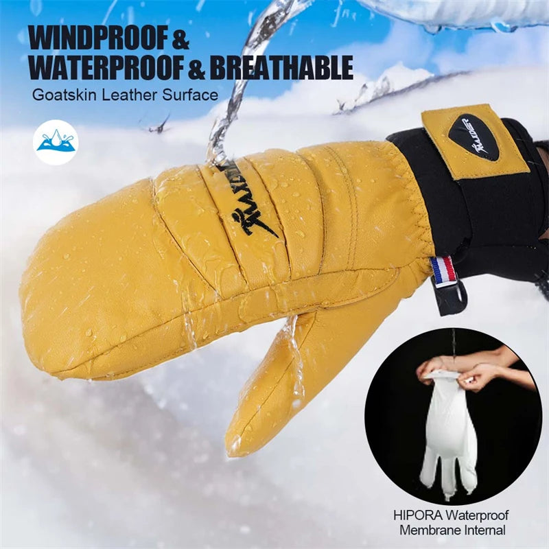 Ski Gloves Waterproof Snowboard Mittens for Men Women Skiing Snowmobile Cycling Goat Leather Winter Thermal Snow Gloves