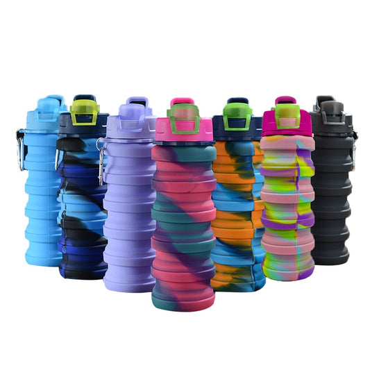 7 Colors Portable Collapsible Silicone Water Bottle with Lid Solid Color/Camouflage Foldable Kettle for Sports Travel